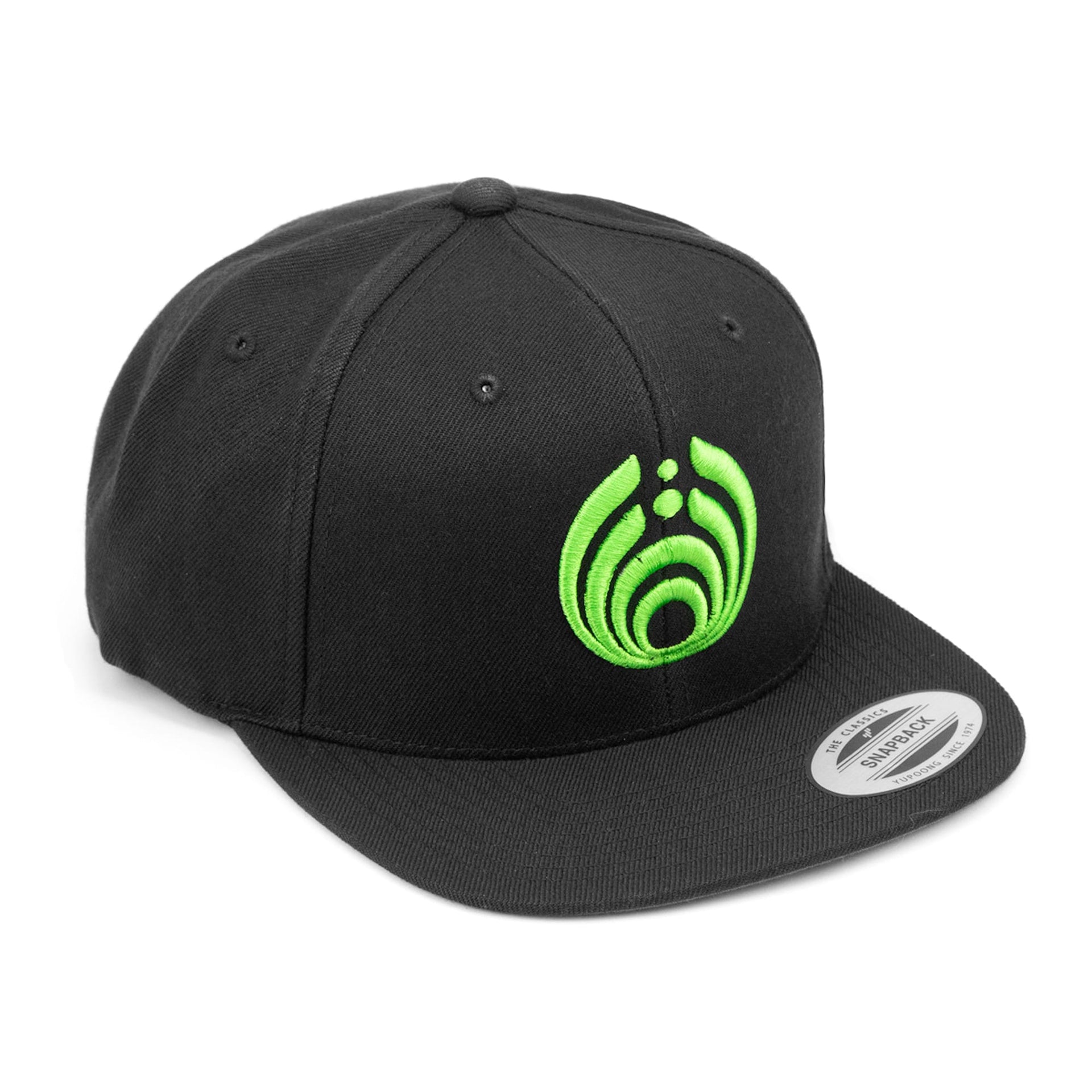 Green on Black Puffy Bassdrop Logo Hat